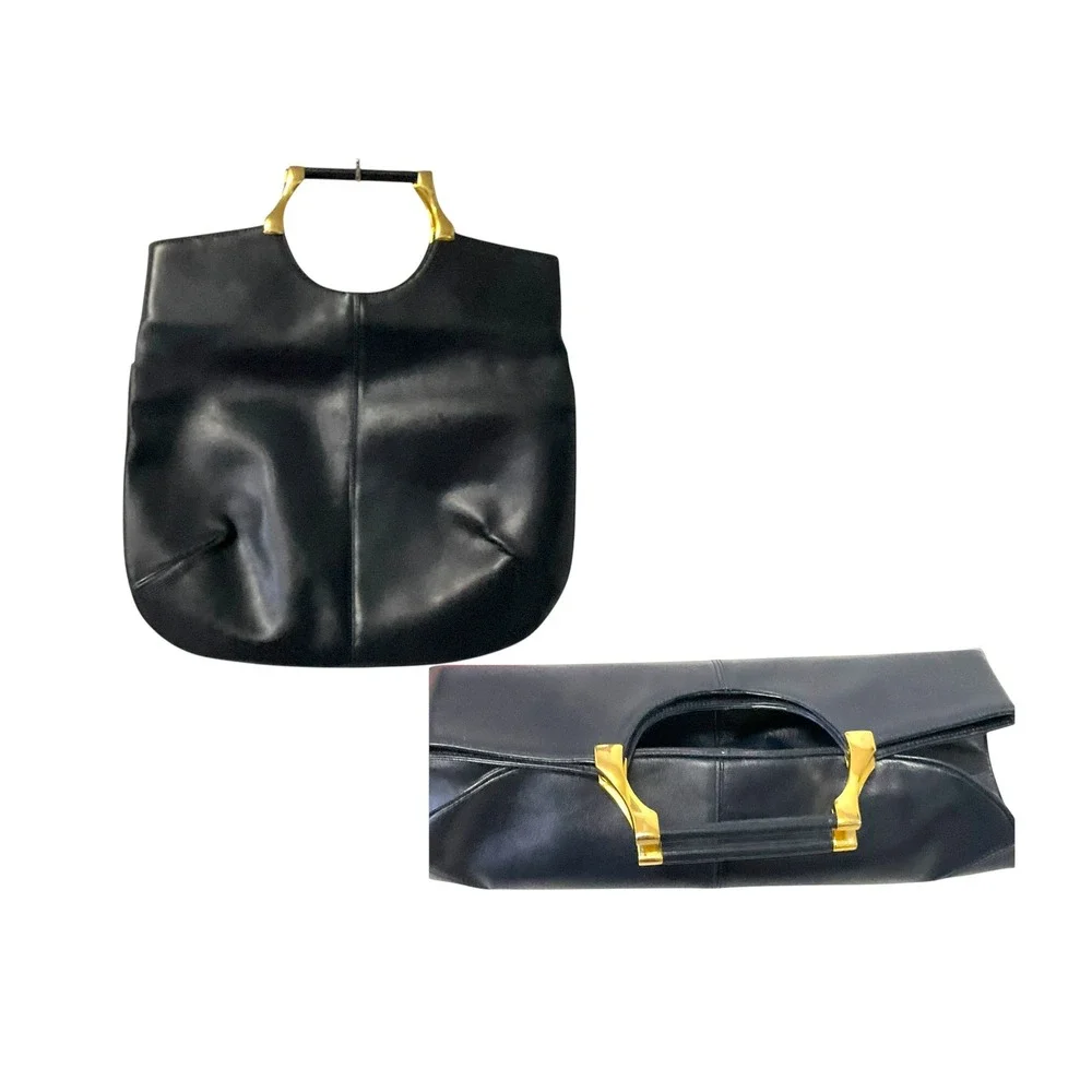 Vintage Style Black Leather Convertible Tote Oversized Clutch‎ Gold Hardware